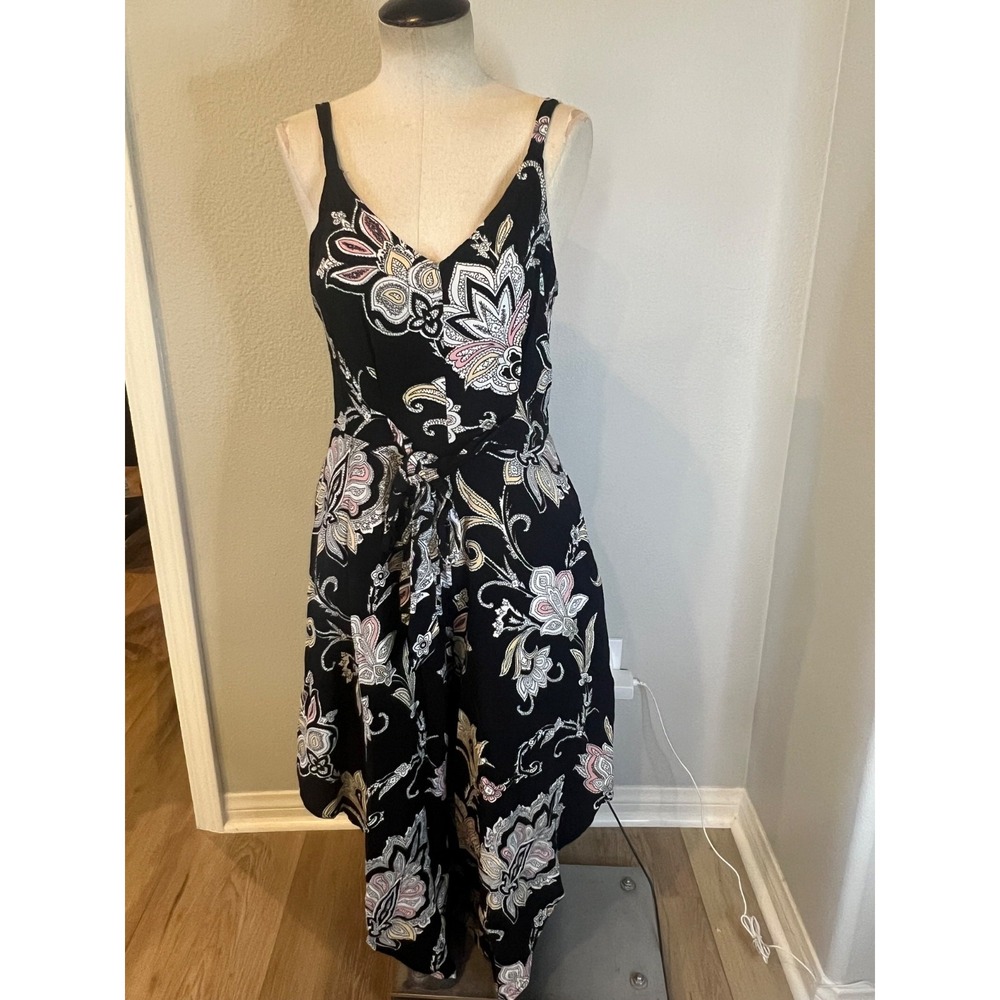 Ivy Street Women's Black Floral Sleeveless Jumpsuit Tie Waist Wide Leg Size M